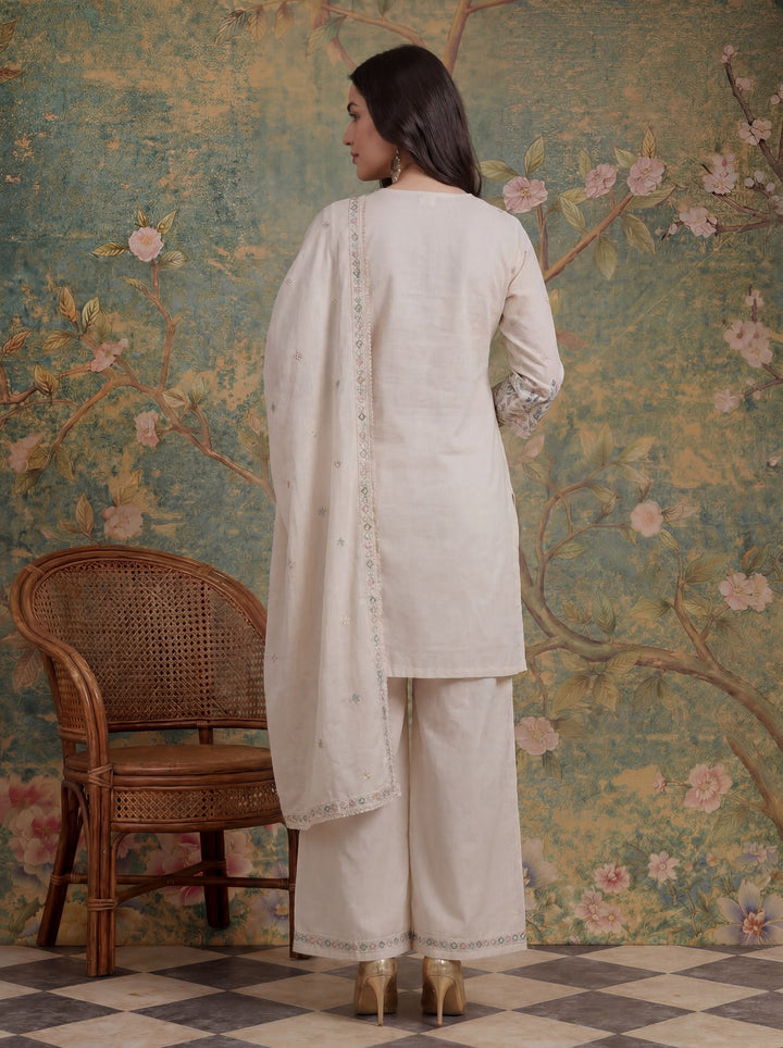Cream Cotton Thared Work  Kurta Pant Dupatta Set