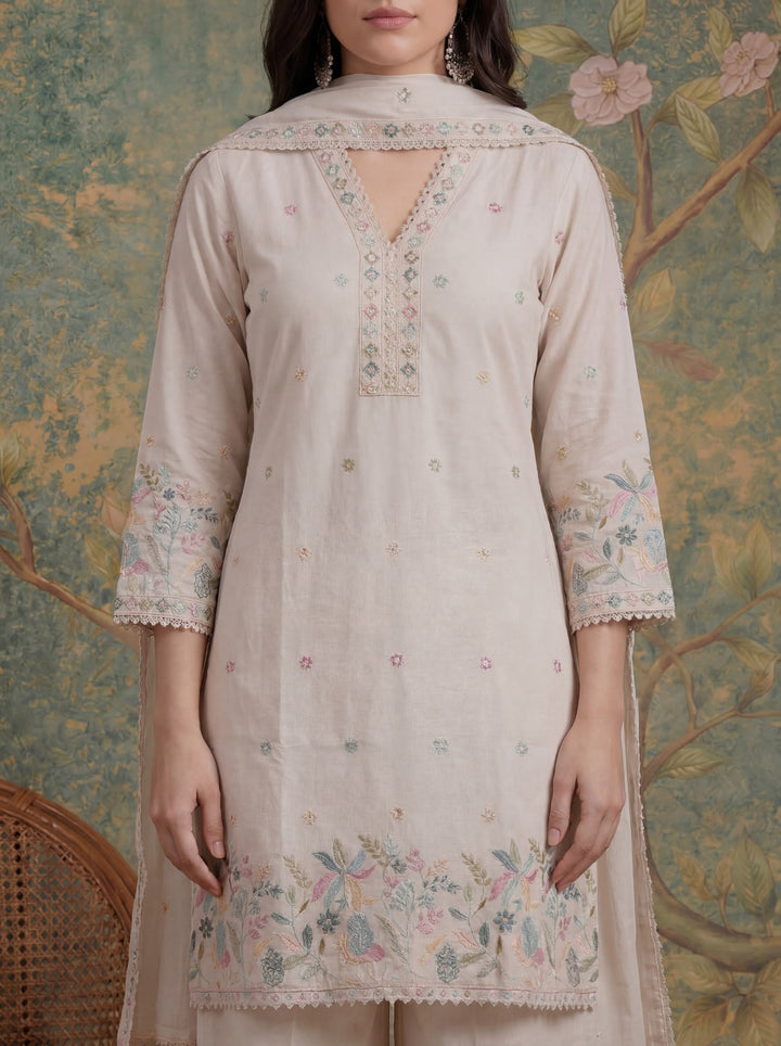 Cream Cotton Thared Work  Kurta Pant Dupatta Set