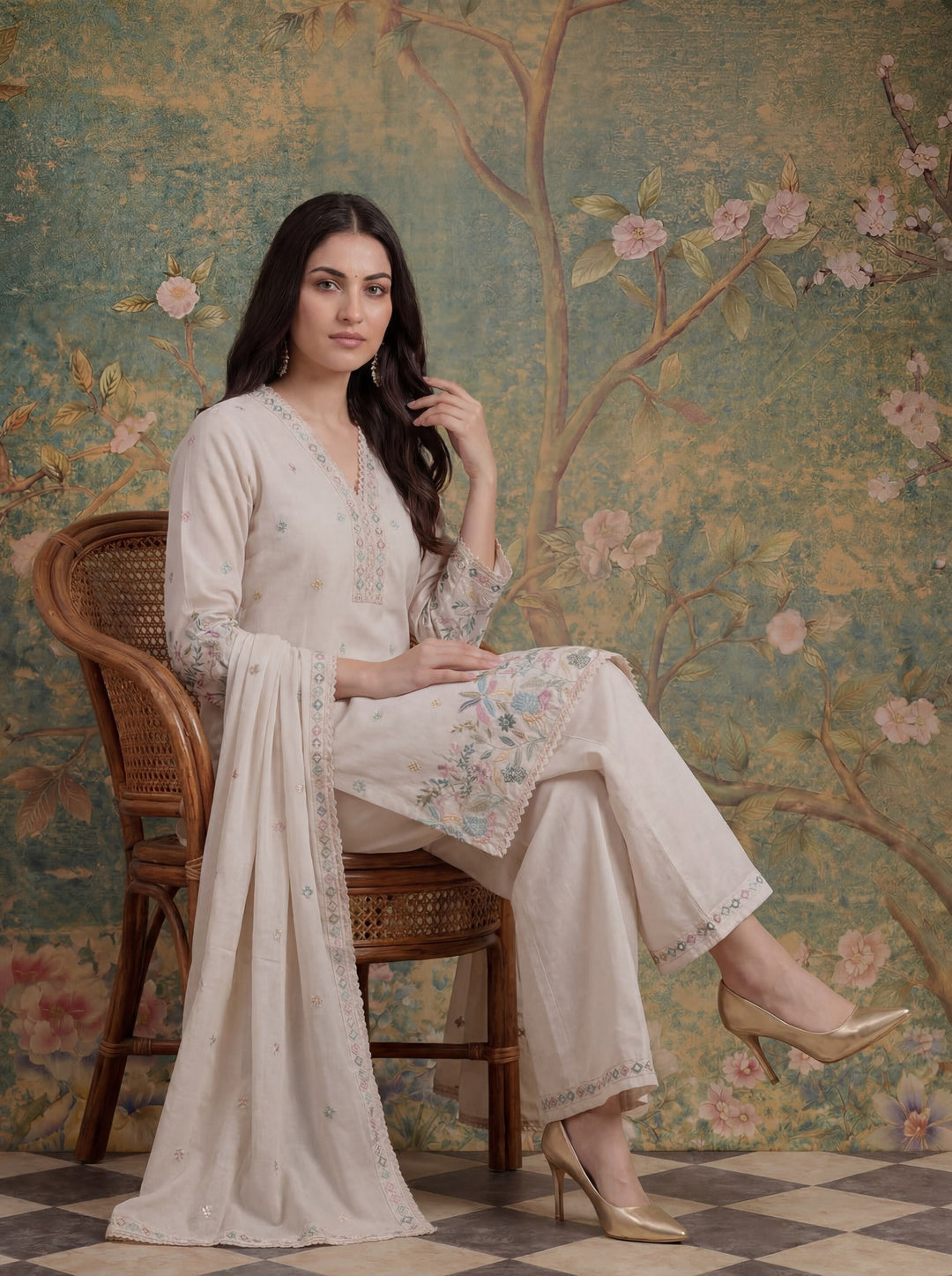 Cream Cotton Thared Work  Kurta Pant Dupatta Set