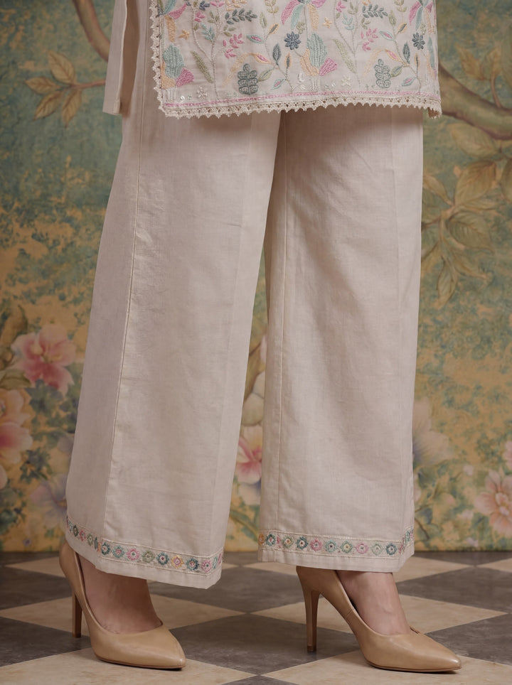 Cream Cotton Thared Work  Kurta Pant Dupatta Set