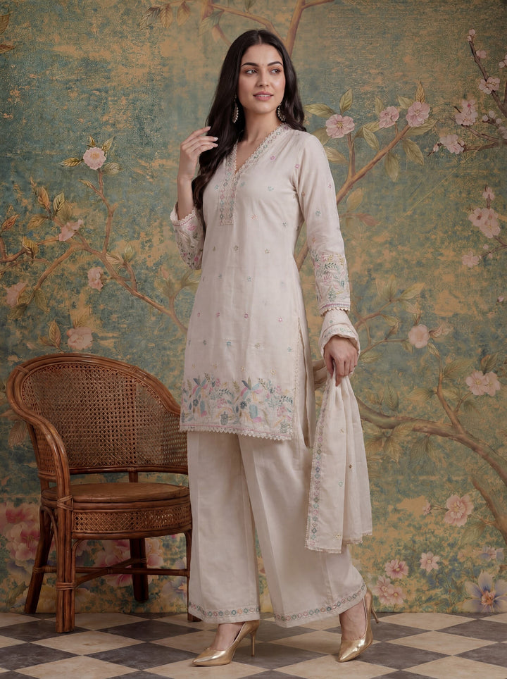 Cream Cotton Thared Work  Kurta Pant Dupatta Set