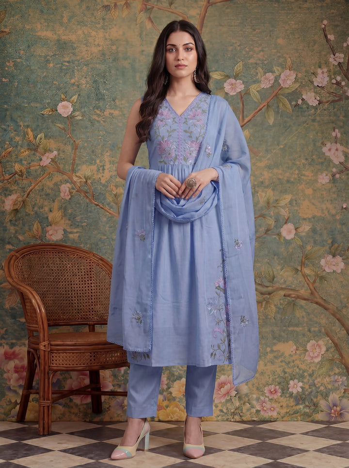 Lavender Mull Chanderi Have A Lining Pleated Kurta Dupatta Pant Set