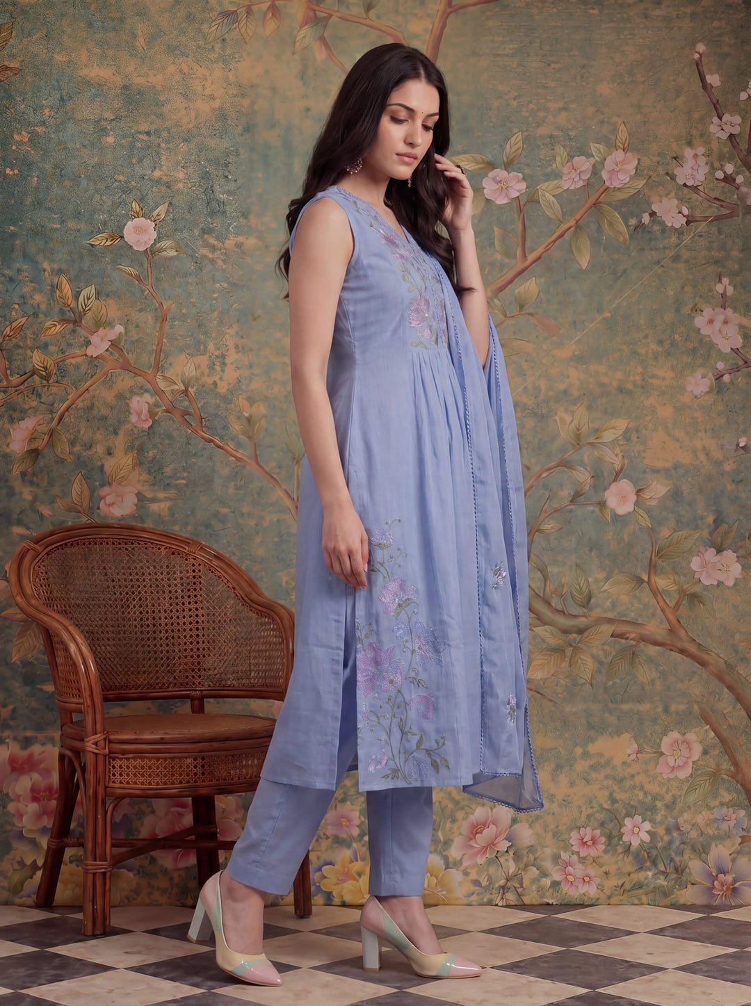 Lavender Mull Chanderi Have A Lining Pleated Kurta Dupatta Pant Set