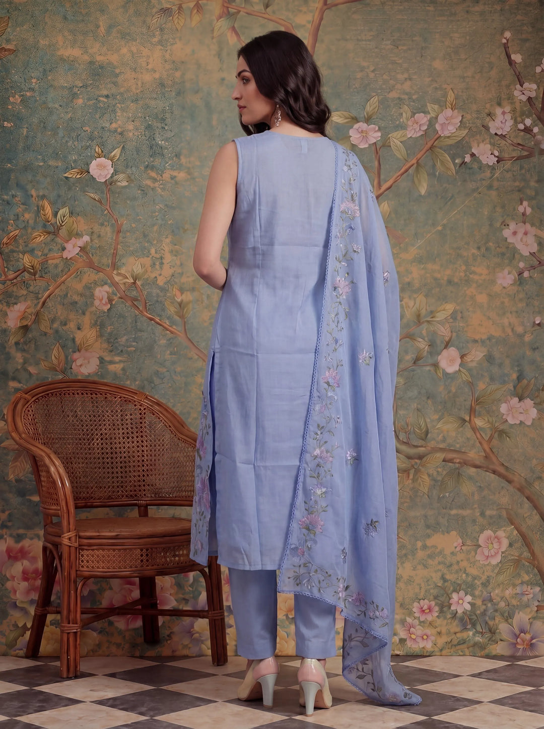 Lavender Mull Chanderi Have A Lining Pleated Kurta Dupatta Pant Set