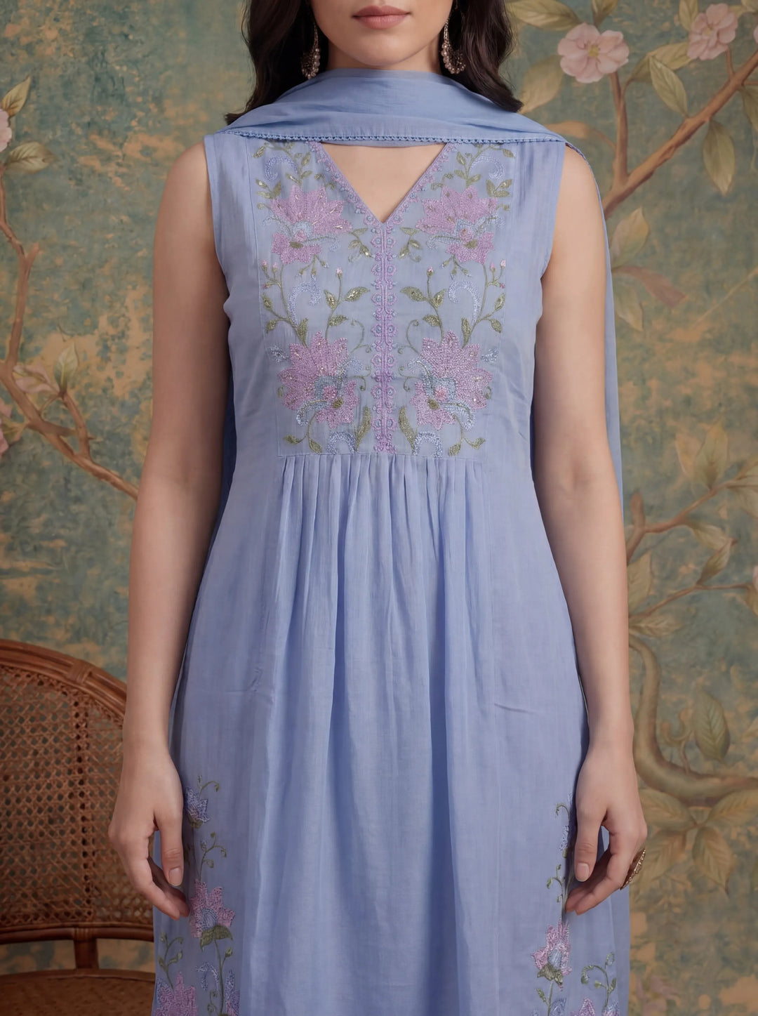 Lavender Mull Chanderi Have A Lining Pleated Kurta Dupatta Pant Set