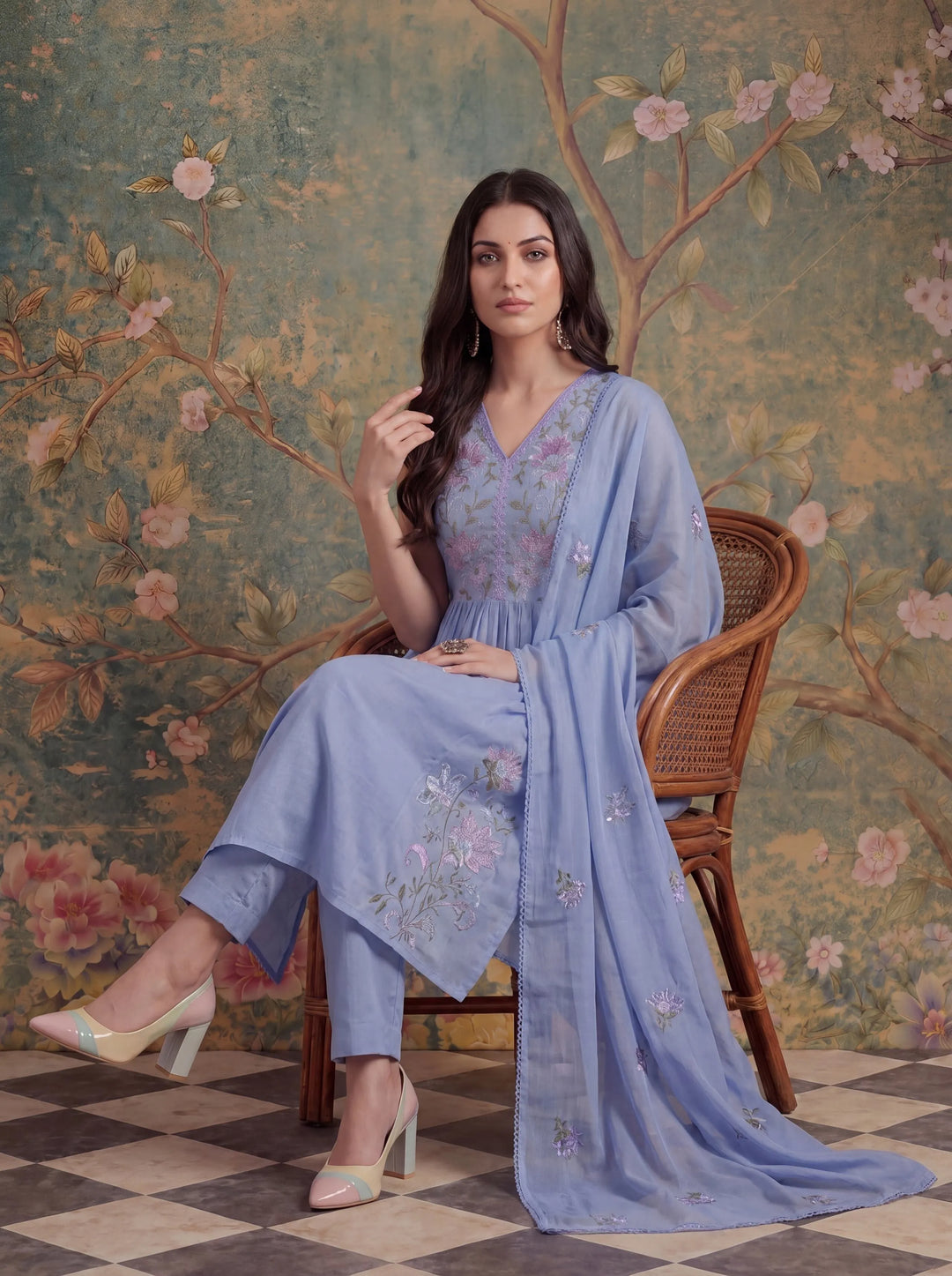 Lavender Mull Chanderi Have A Lining Pleated Kurta Dupatta Pant Set