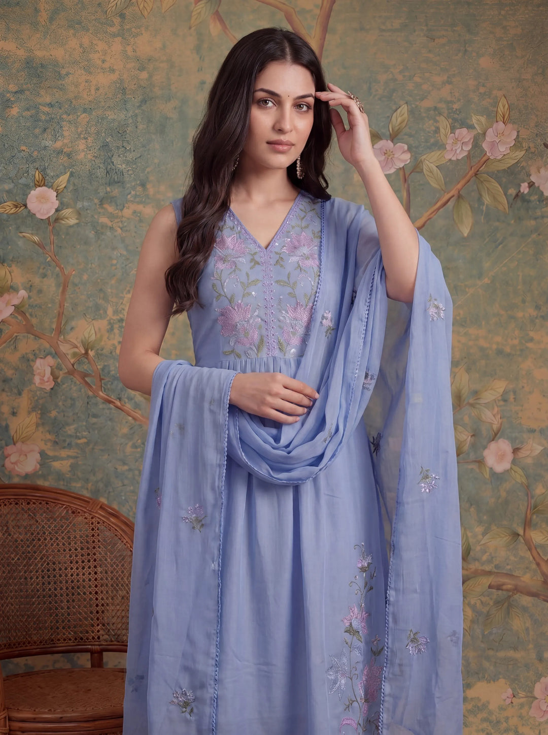 Lavender Mull Chanderi Have A Lining Pleated Kurta Dupatta Pant Set