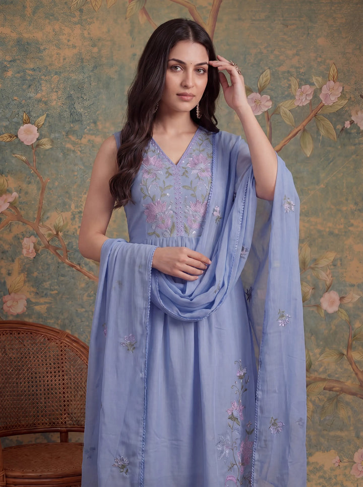 Lavender Mull Chanderi Have A Lining Pleated Kurta Dupatta Pant Set