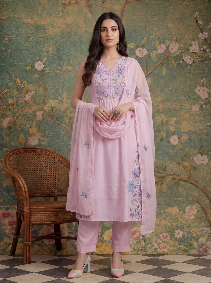 Pink Mull Chanderi Have A Lining Pleated Kurta Dupatta Pant Set
