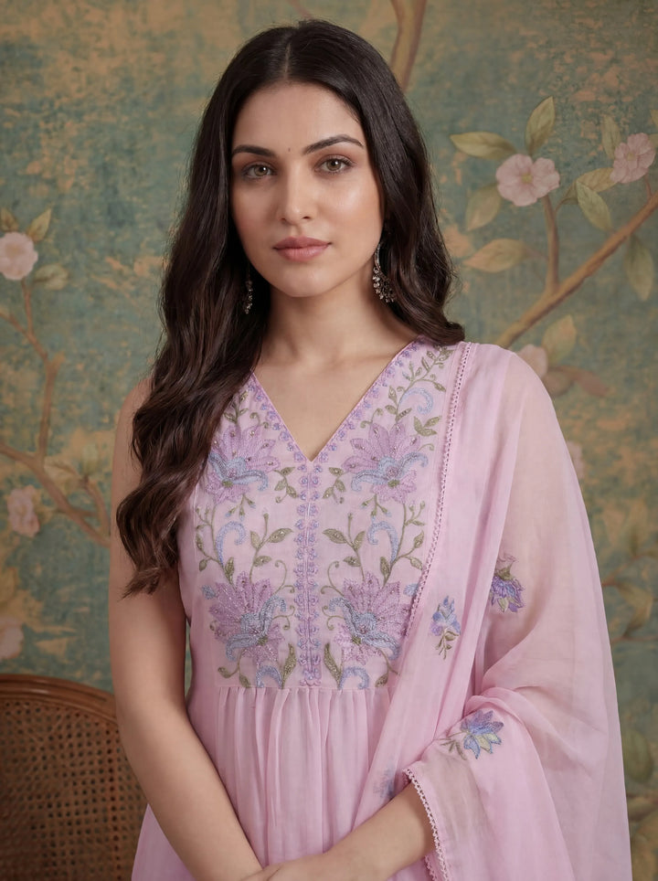 Pink Mull Chanderi Have A Lining Pleated Kurta Dupatta Pant Set