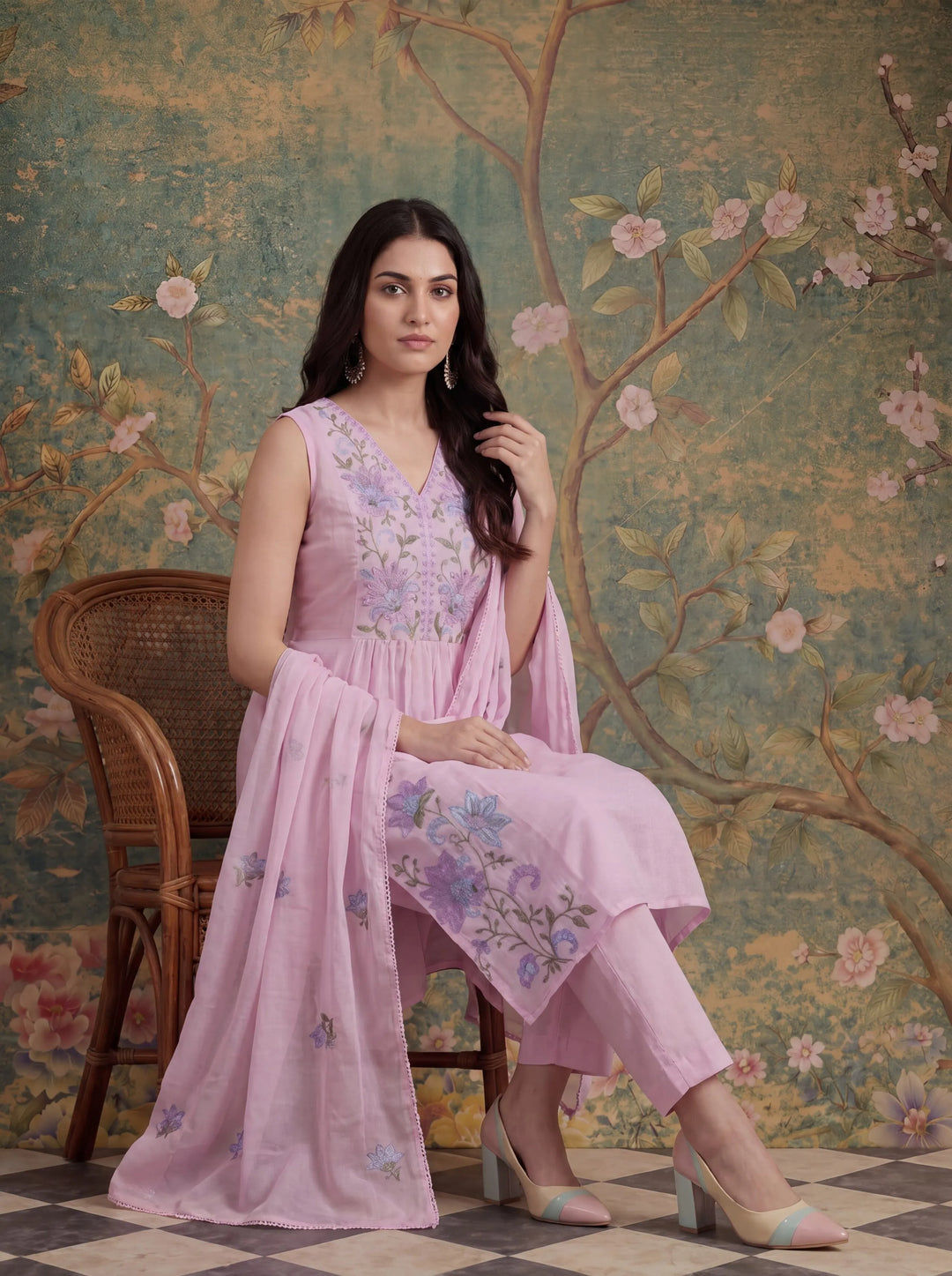 Pink Mull Chanderi Have A Lining Pleated Kurta Dupatta Pant Set