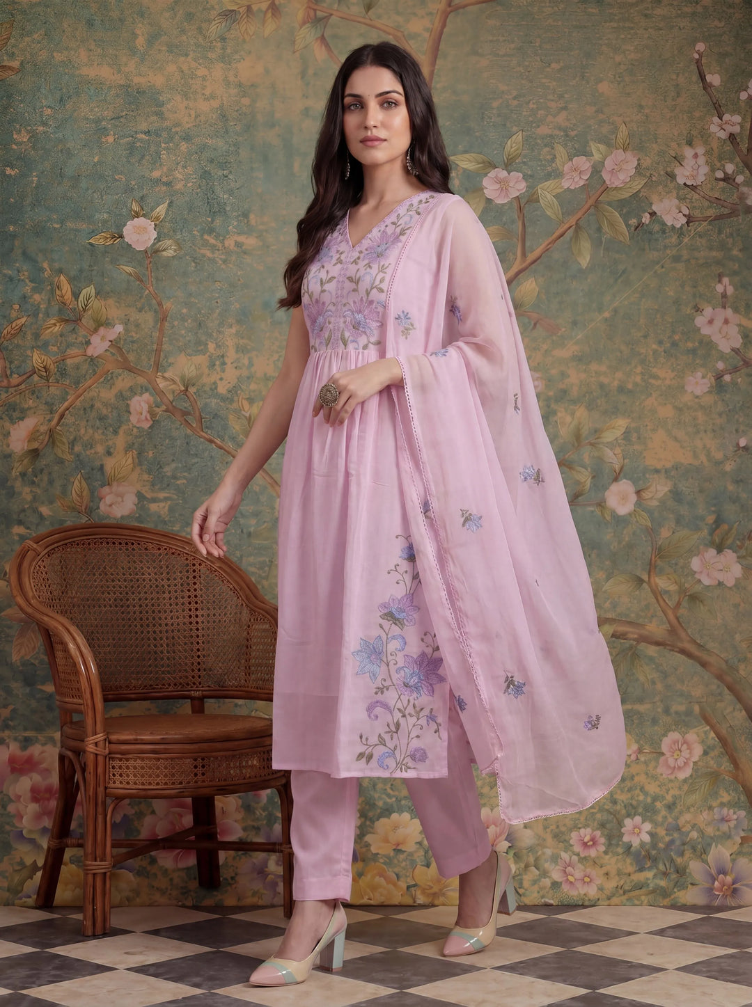 Pink Mull Chanderi Have A Lining Pleated Kurta Dupatta Pant Set