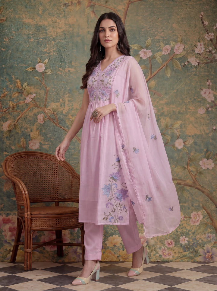 Pink Mull Chanderi Have A Lining Pleated Kurta Dupatta Pant Set