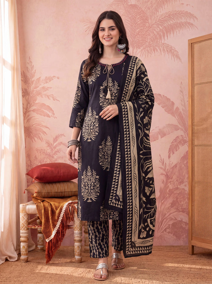 Black Straight Pure Cotton Kantha Work Kurta Trouser Dupatta Set