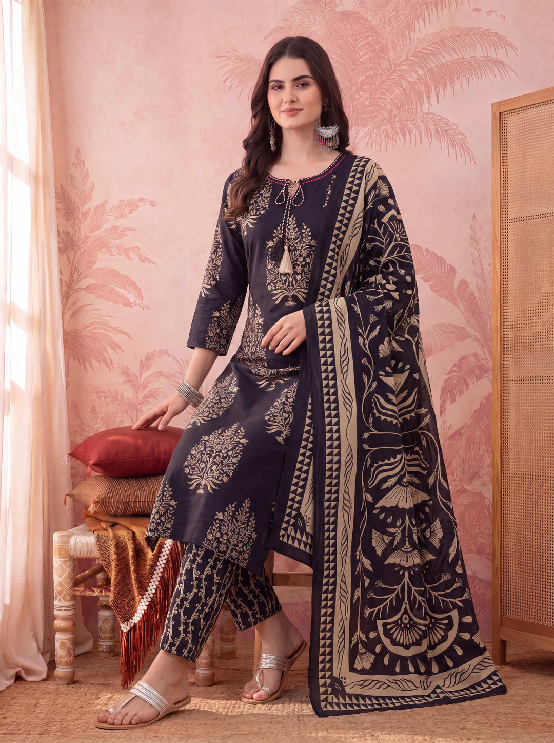Black Straight Pure Cotton Kantha Work Kurta Trouser Dupatta Set