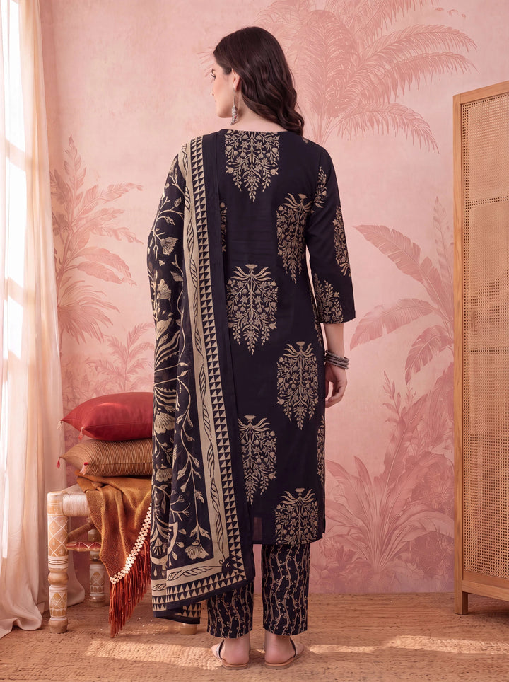 Black Straight Pure Cotton Kantha Work Kurta Trouser Dupatta Set