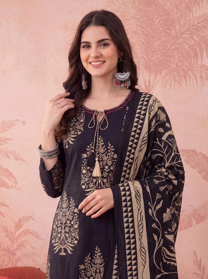 Black Straight Pure Cotton Kantha Work Kurta Trouser Dupatta Set
