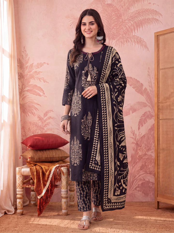 Black Straight Pure Cotton Kantha Work Kurta Trouser Dupatta Set