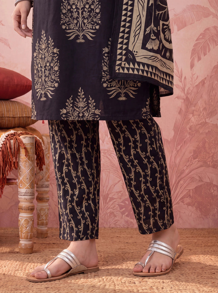 Black Straight Pure Cotton Kantha Work Kurta Trouser Dupatta Set