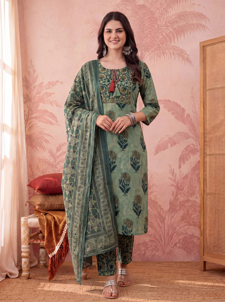 Green Straight Pure Cotton Floral Sequins Work Kurta Trouser Dupatta Set