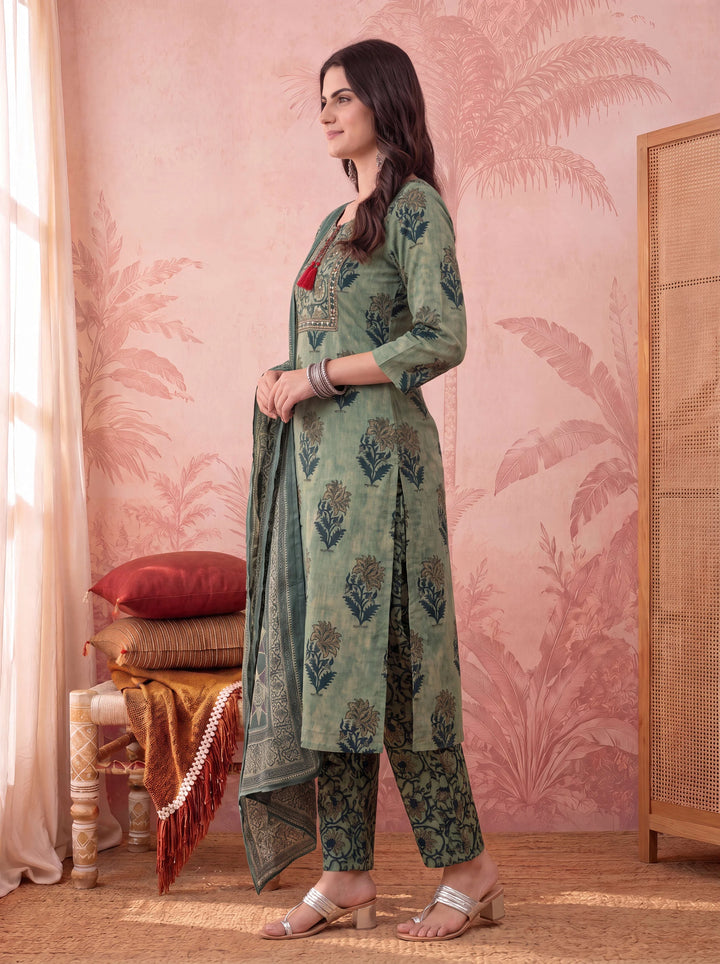 Green Straight Pure Cotton Floral Sequins Work Kurta Trouser Dupatta Set