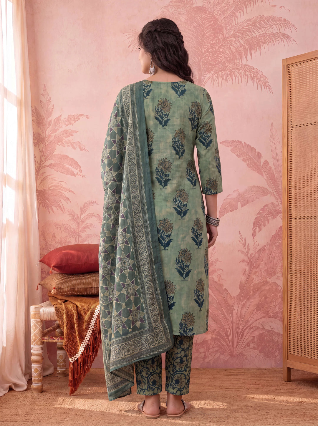 Green Straight Pure Cotton Floral Sequins Work Kurta Trouser Dupatta Set
