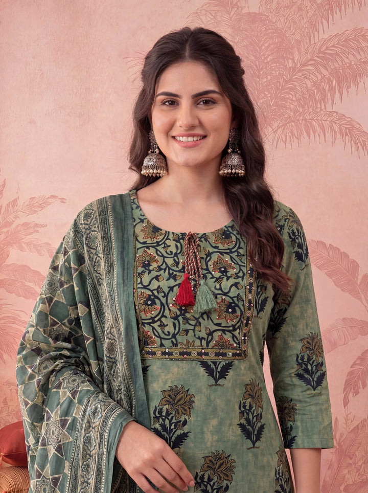 Green Straight Pure Cotton Floral Sequins Work Kurta Trouser Dupatta Set