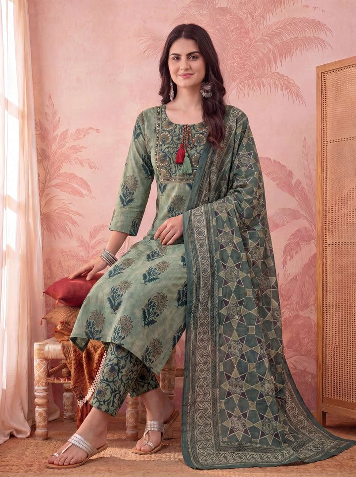 Green Straight Pure Cotton Floral Sequins Work Kurta Trouser Dupatta Set