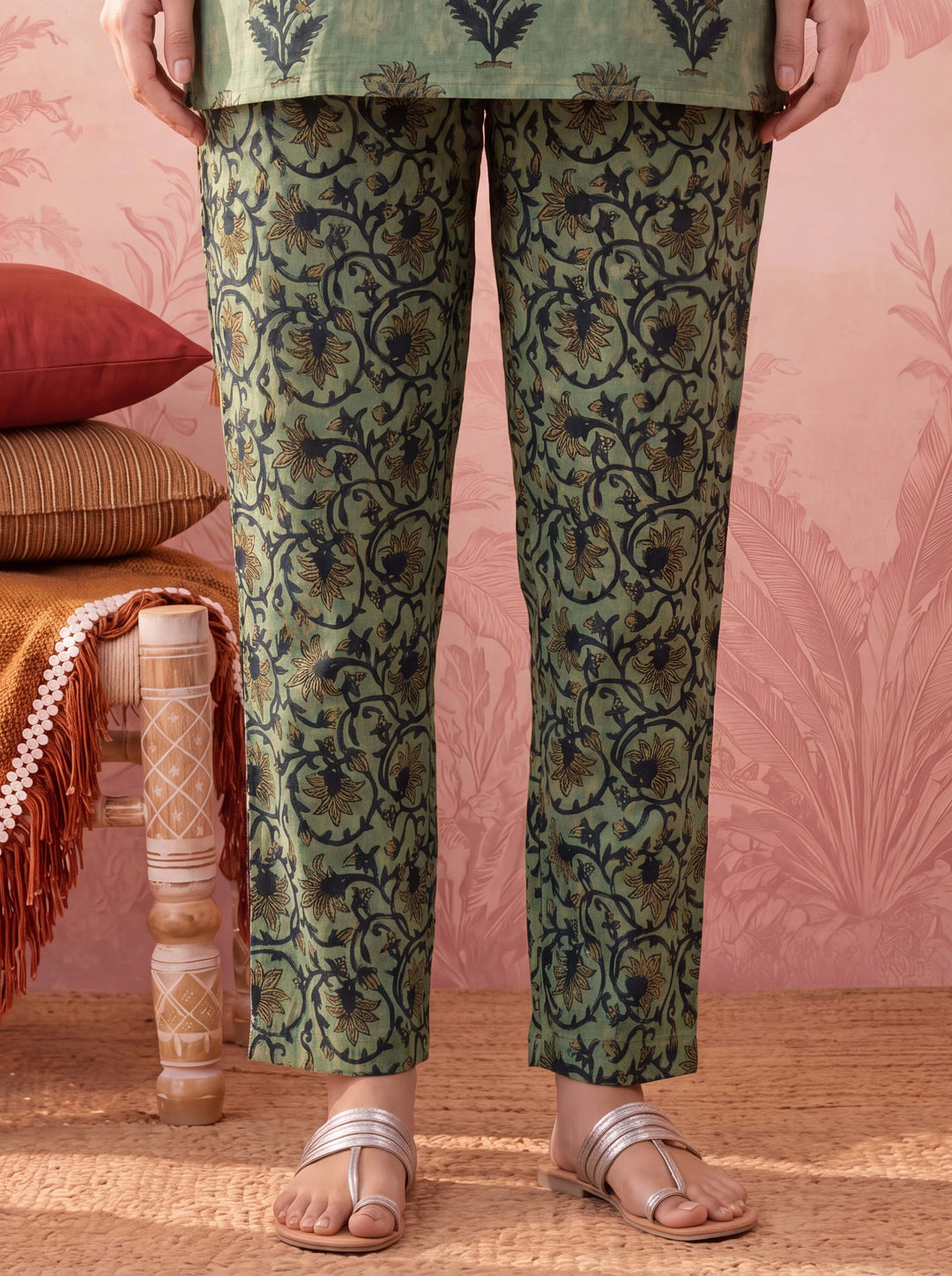 Green Straight Pure Cotton Floral Sequins Work Kurta Trouser Dupatta Set