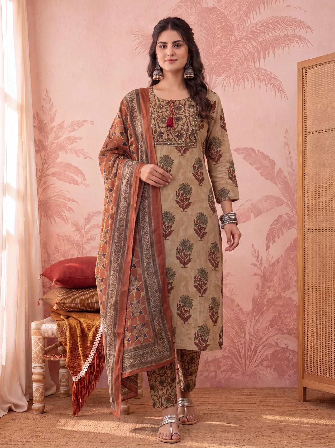 Mustard Straight Pure Cotton Floral Sequins Work Kurta Trouser Dupatta Set