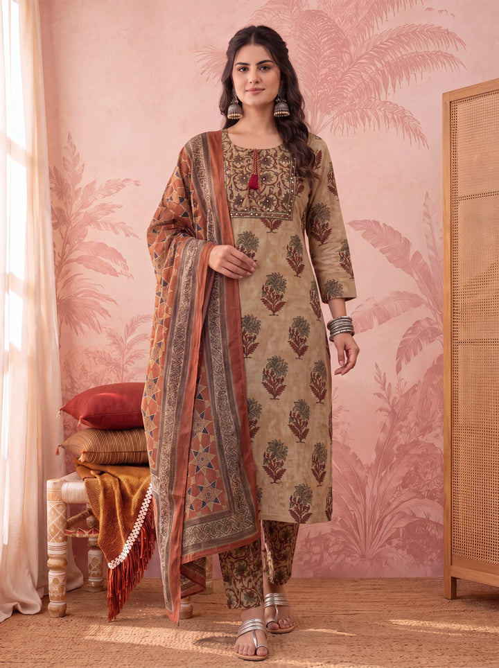 Mustard Straight Pure Cotton Floral Sequins Work Kurta Trouser Dupatta Set