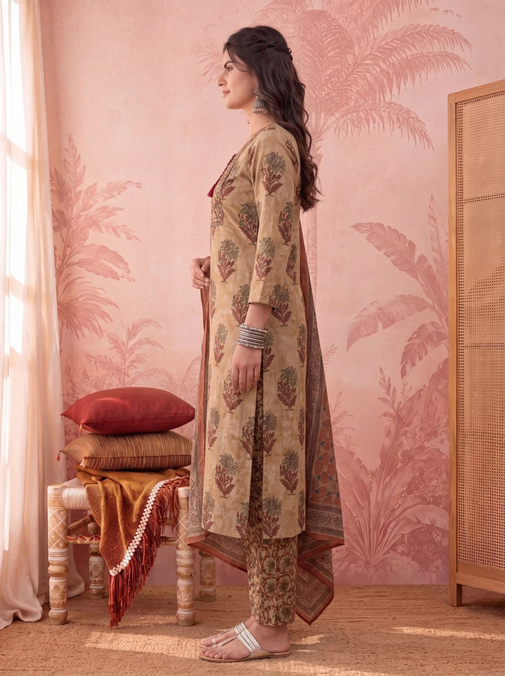 Mustard Straight Pure Cotton Floral Sequins Work Kurta Trouser Dupatta Set