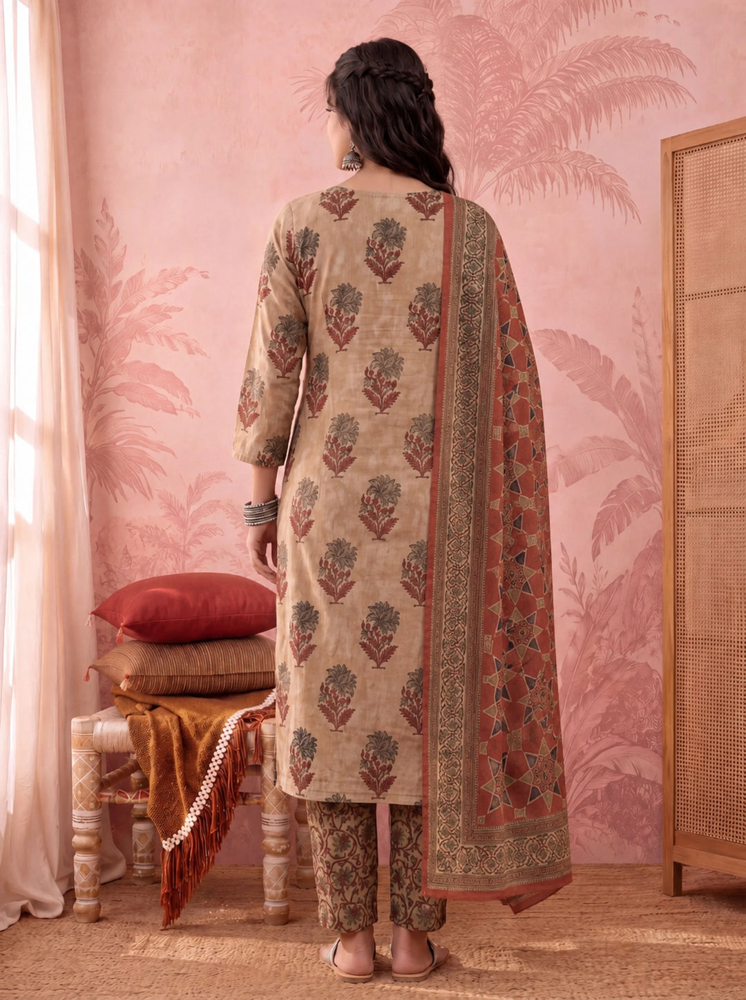 Mustard Straight Pure Cotton Floral Sequins Work Kurta Trouser Dupatta Set