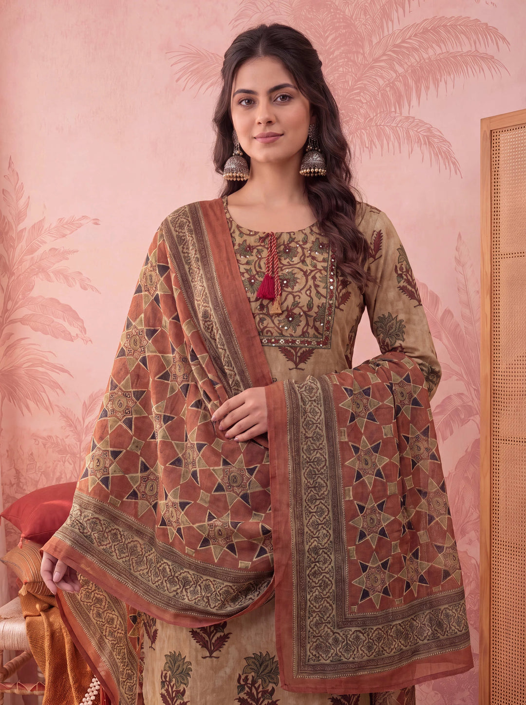 Mustard Straight Pure Cotton Floral Sequins Work Kurta Trouser Dupatta Set
