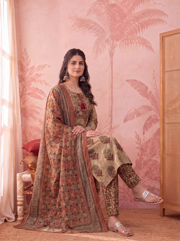 Mustard Straight Pure Cotton Floral Sequins Work Kurta Trouser Dupatta Set