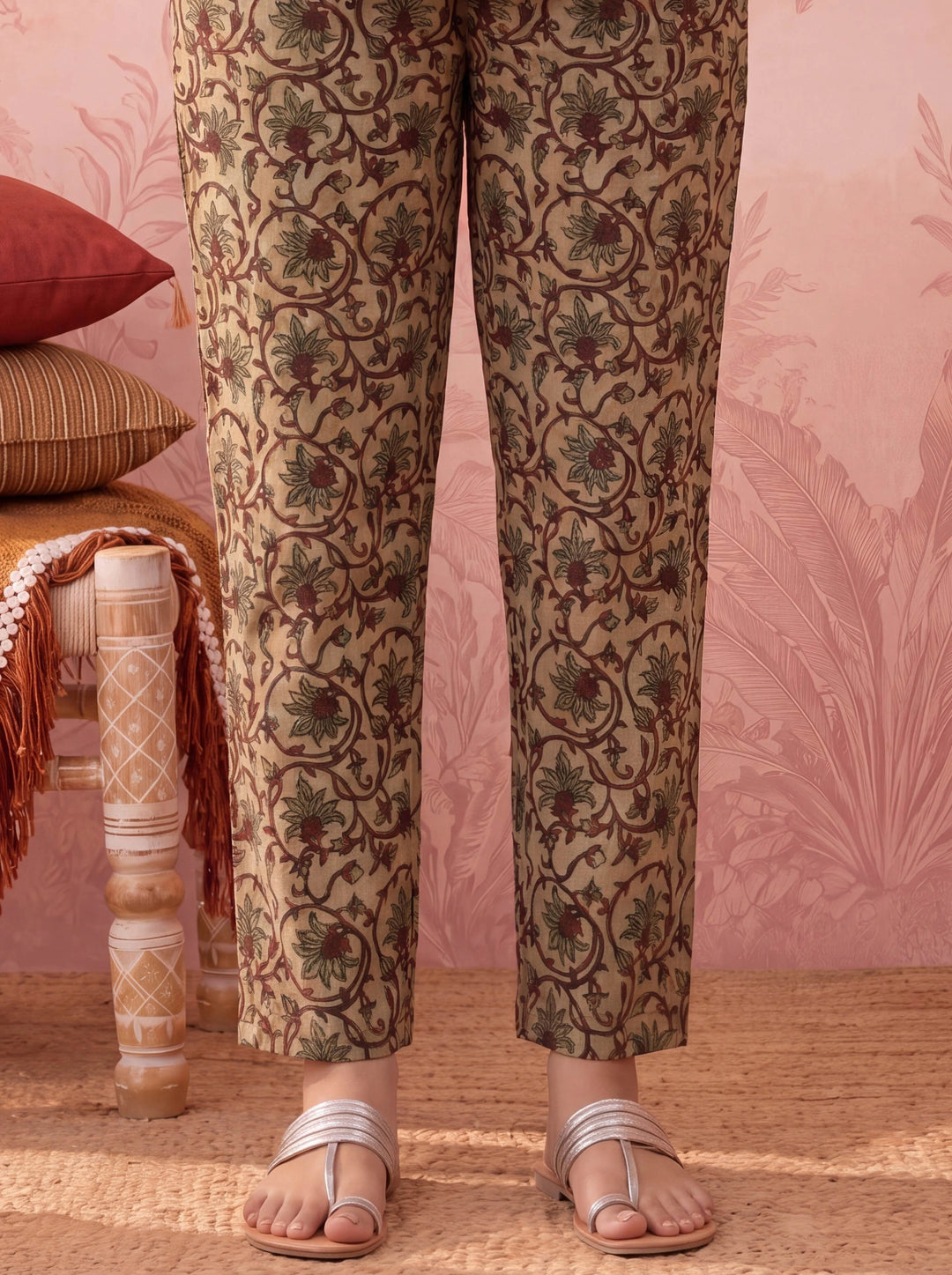 Mustard Straight Pure Cotton Floral Sequins Work Kurta Trouser Dupatta Set