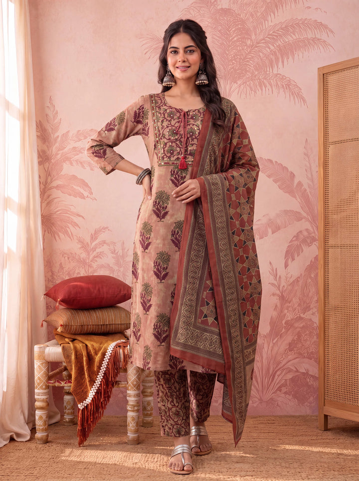 Peach Straight Pure Cotton Floral Sequins Work Kurta Trouser Dupatta Set
