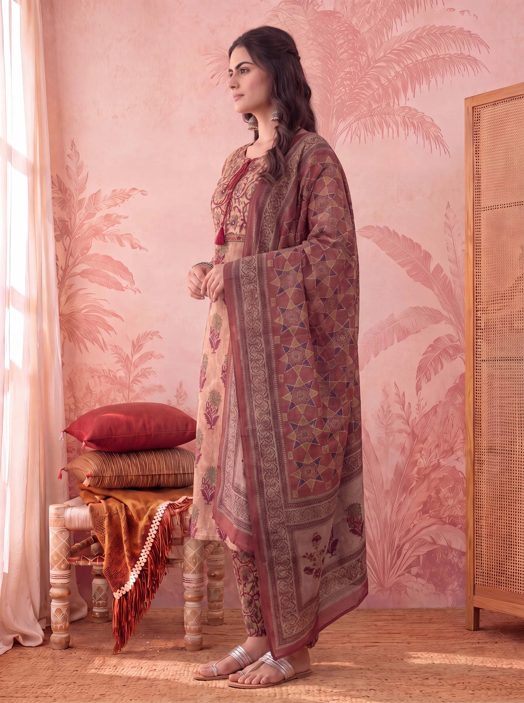 Peach Straight Pure Cotton Floral Sequins Work Kurta Trouser Dupatta Set