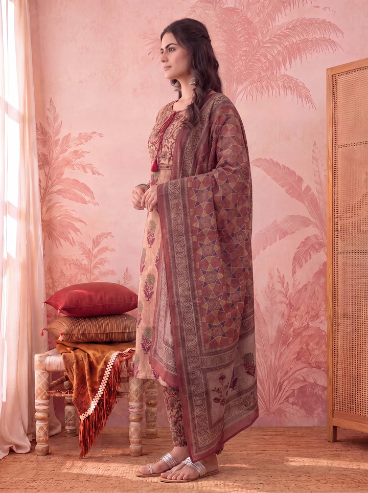 Peach Straight Pure Cotton Floral Sequins Work Kurta Trouser Dupatta Set