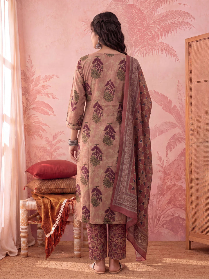 Peach Straight Pure Cotton Floral Sequins Work Kurta Trouser Dupatta Set