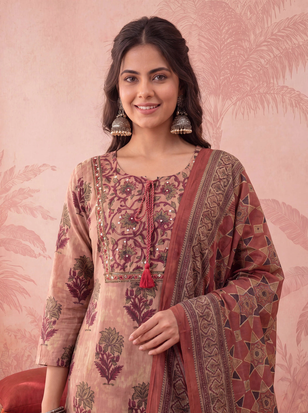 Peach Straight Pure Cotton Floral Sequins Work Kurta Trouser Dupatta Set