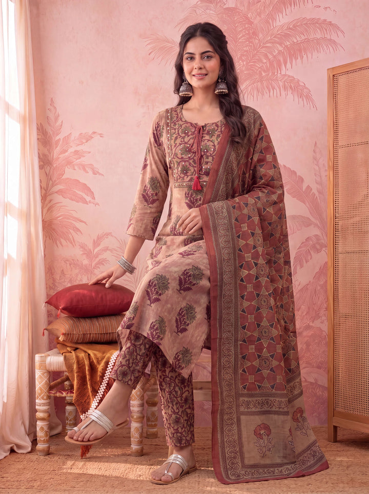Peach Straight Pure Cotton Floral Sequins Work Kurta Trouser Dupatta Set