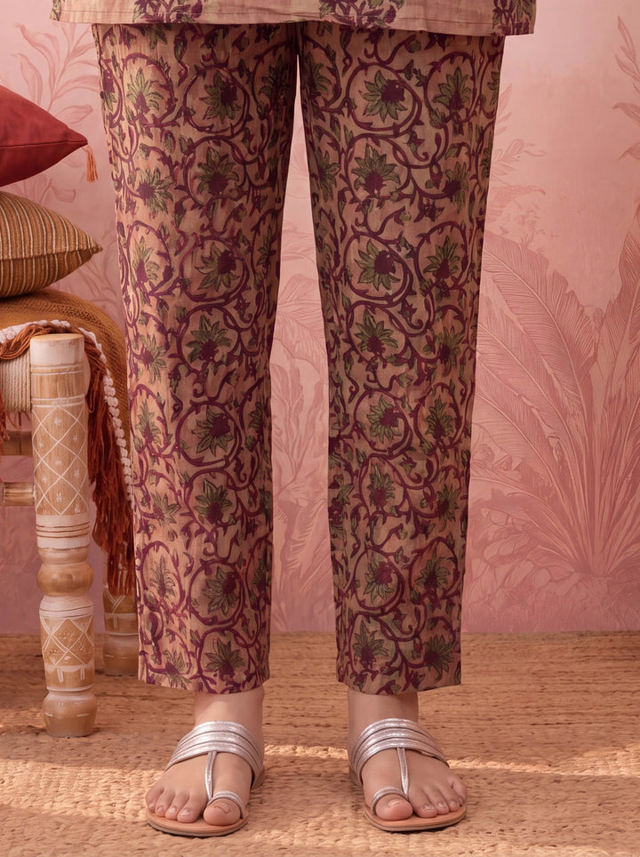 Peach Straight Pure Cotton Floral Sequins Work Kurta Trouser Dupatta Set