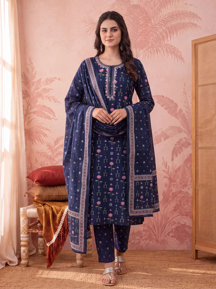 Blue Straight Pure Cotton Floral Sequins Work Kurta Trouser Dupatta Set