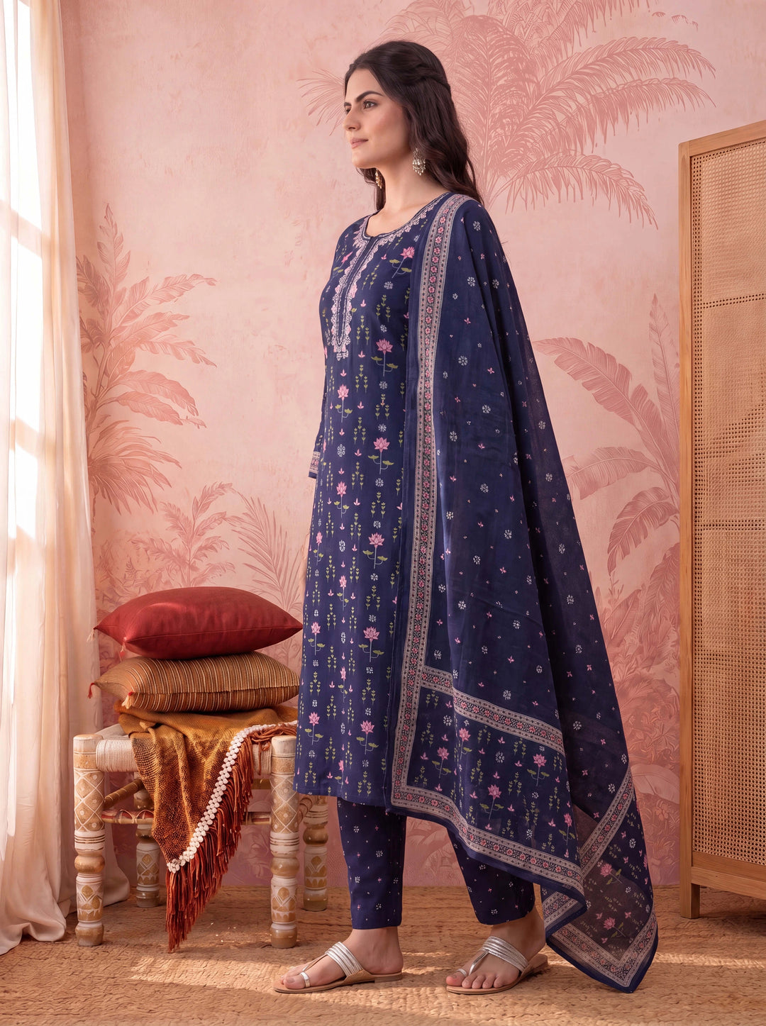 Blue Straight Pure Cotton Floral Sequins Work Kurta Trouser Dupatta Set