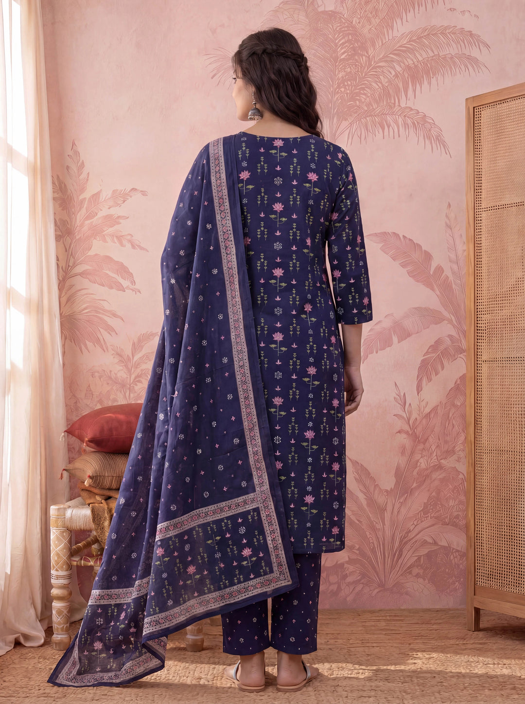 Blue Straight Pure Cotton Floral Sequins Work Kurta Trouser Dupatta Set