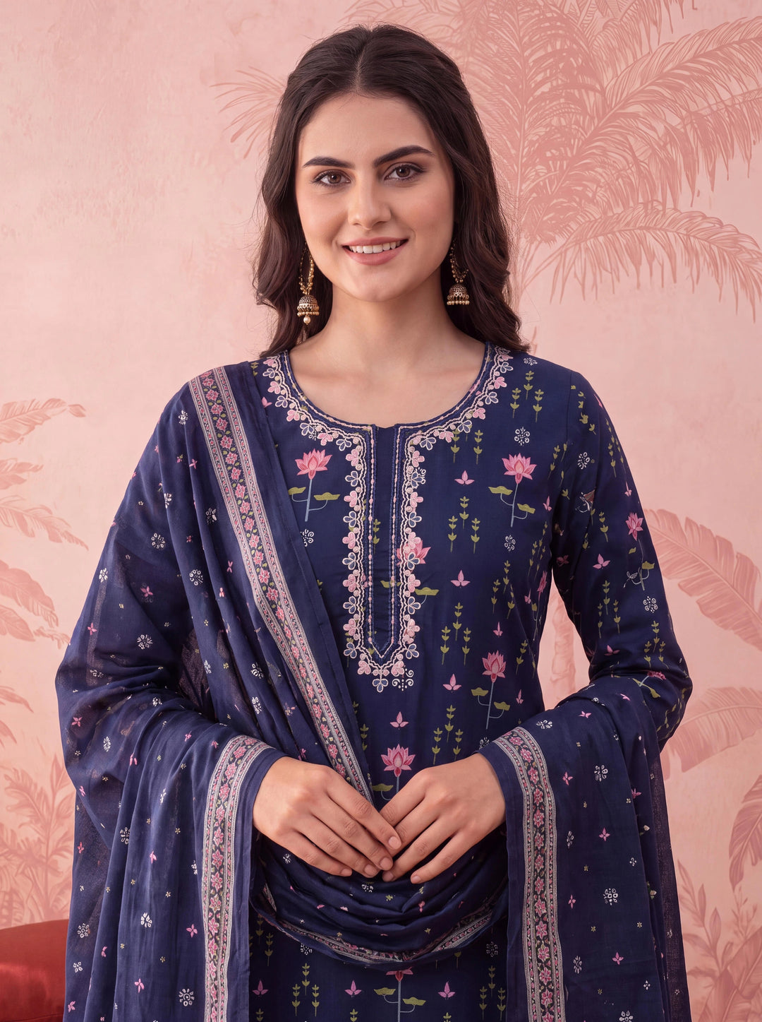 Blue Straight Pure Cotton Floral Sequins Work Kurta Trouser Dupatta Set
