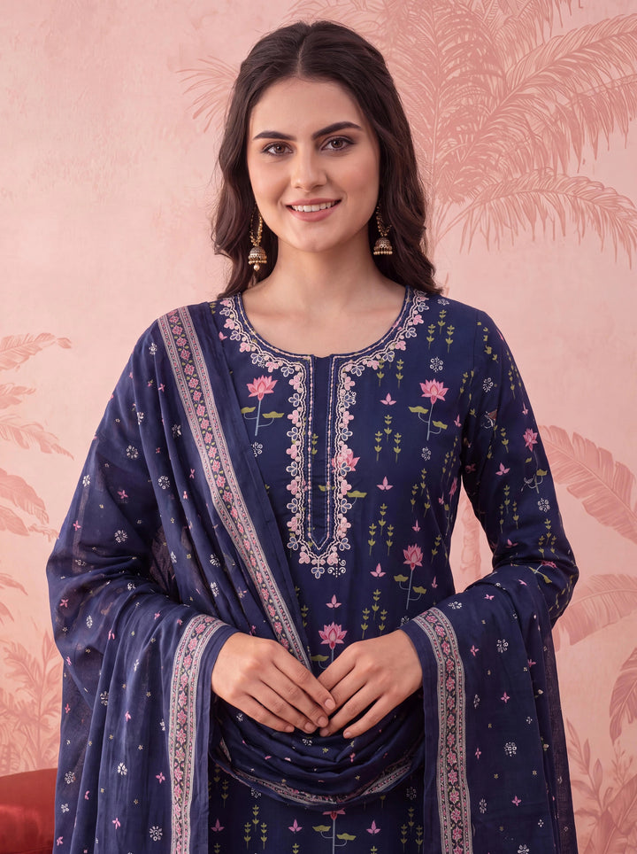 Blue Straight Pure Cotton Floral Sequins Work Kurta Trouser Dupatta Set
