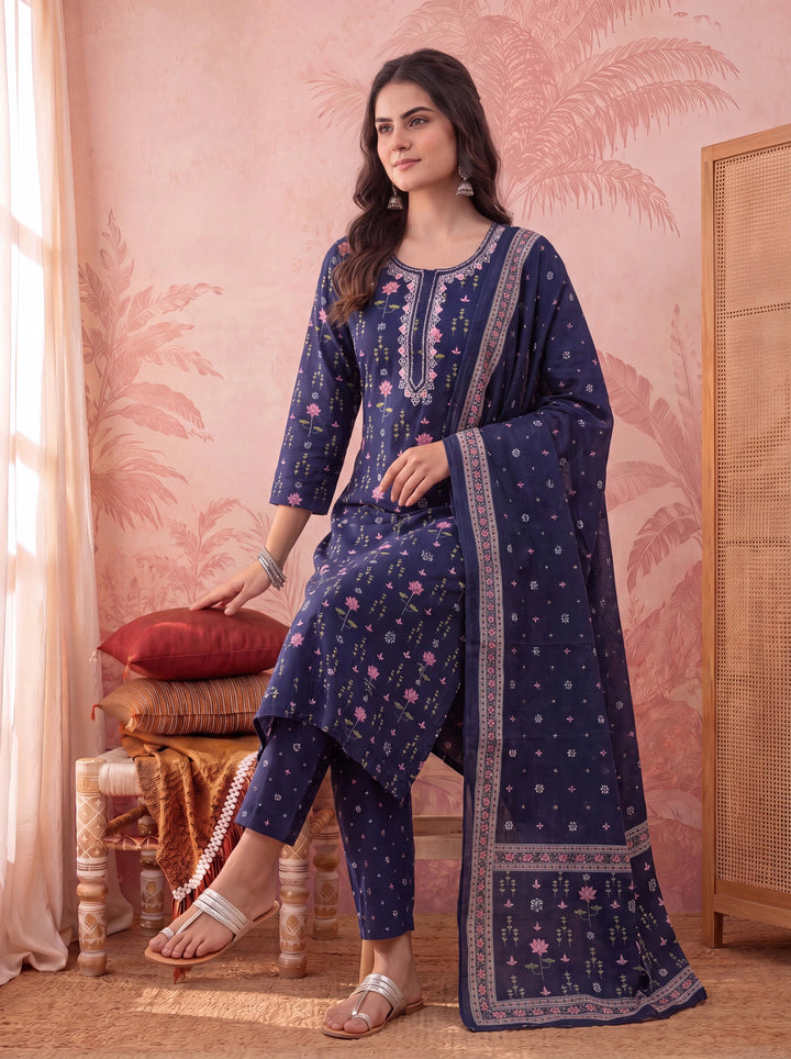 Blue Straight Pure Cotton Floral Sequins Work Kurta Trouser Dupatta Set