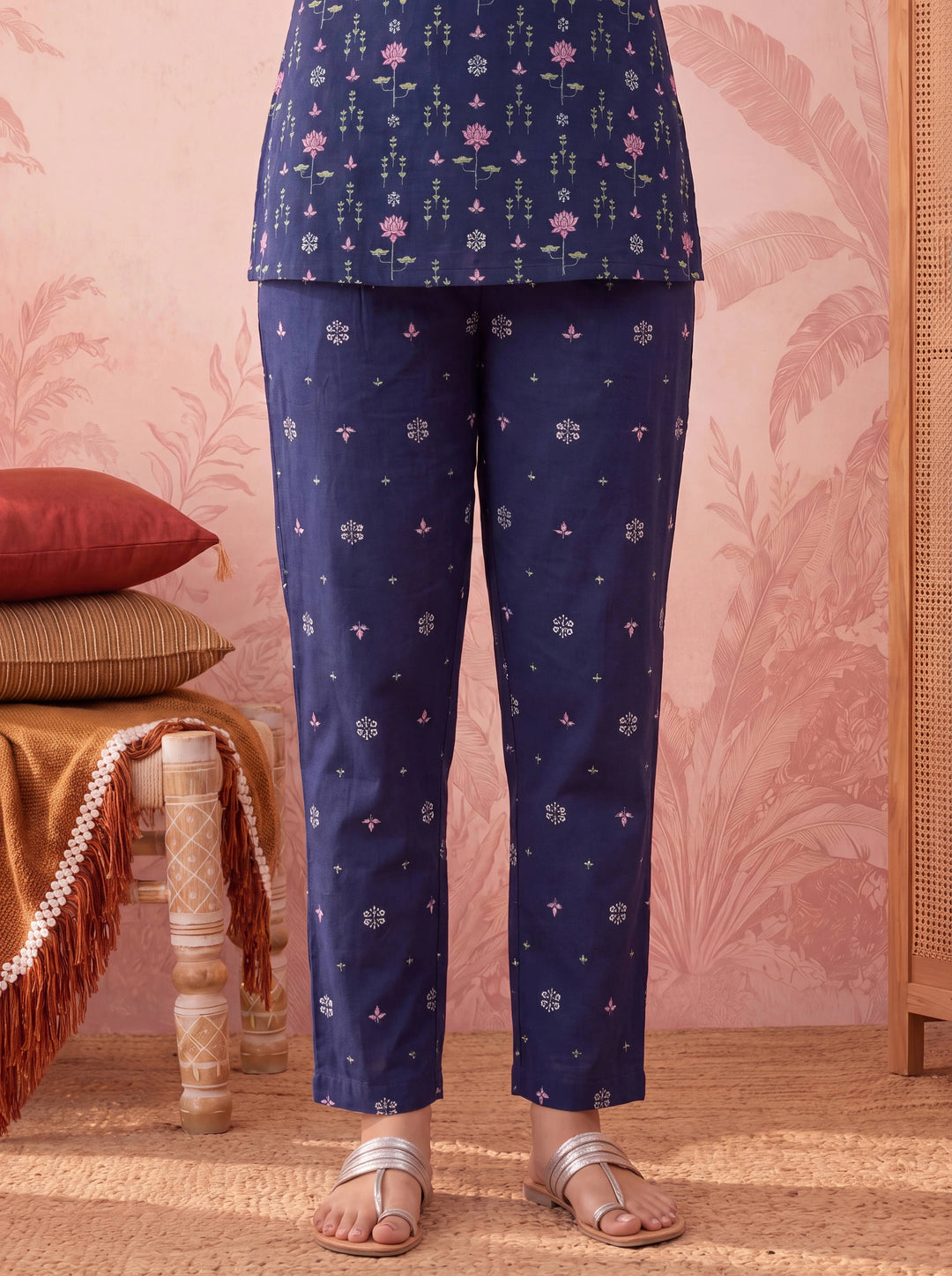 Blue Straight Pure Cotton Floral Sequins Work Kurta Trouser Dupatta Set